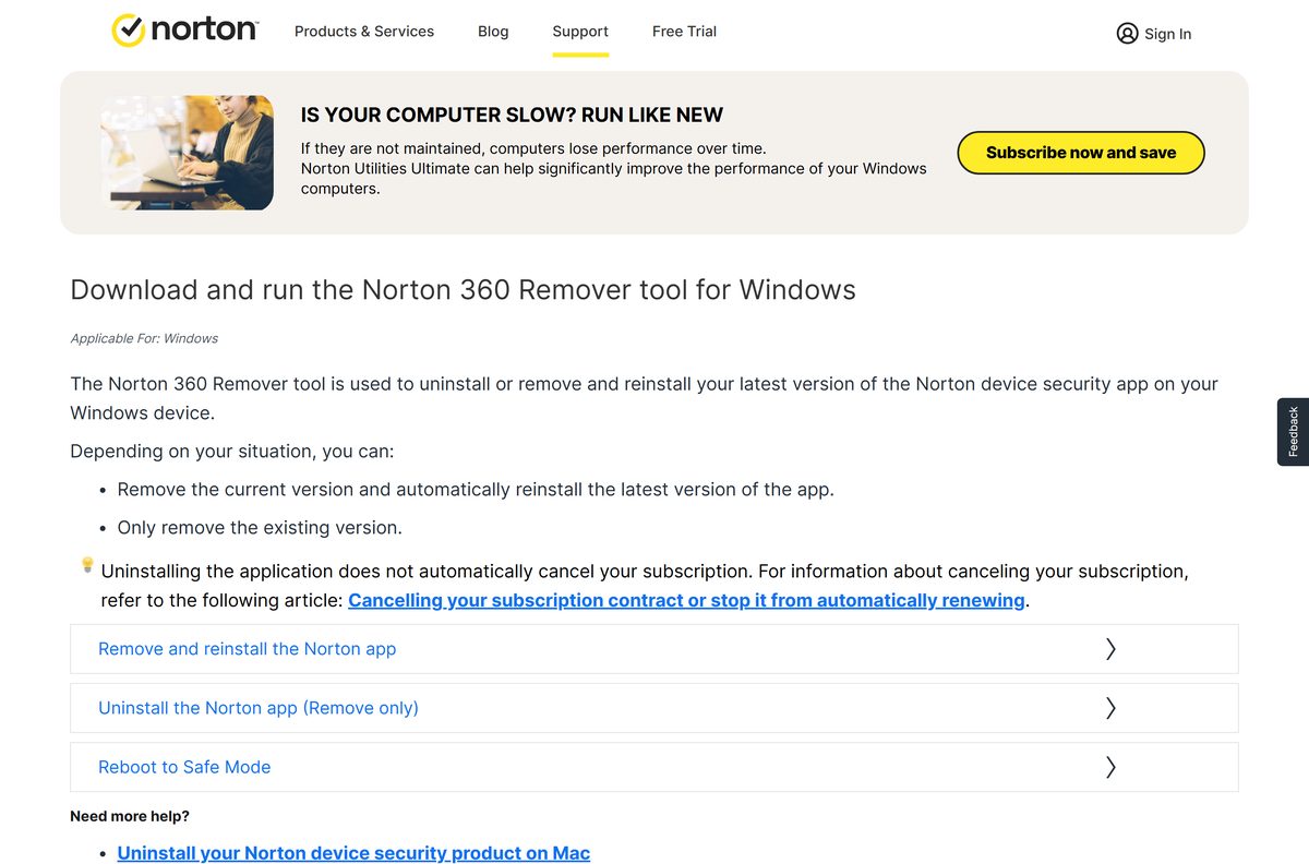 Norton 360 Remover tool page with Reinstall and Remove options