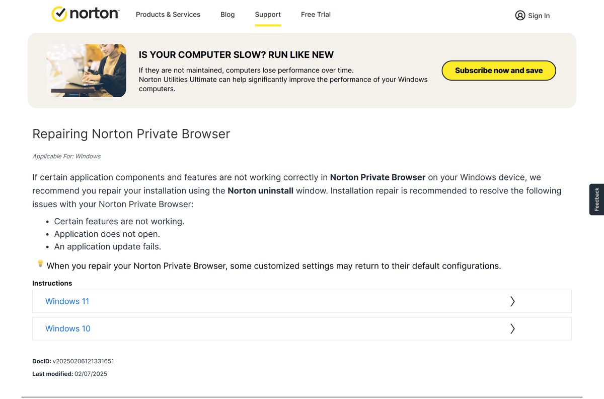 Support page showing the Installed apps route for the Norton browser