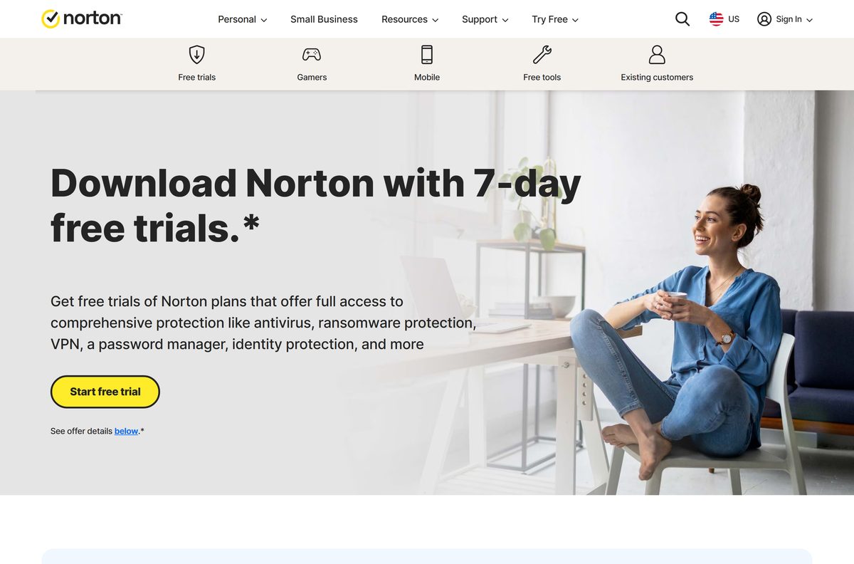 Norton free trials page listing Standard, Deluxe and LifeLock plans