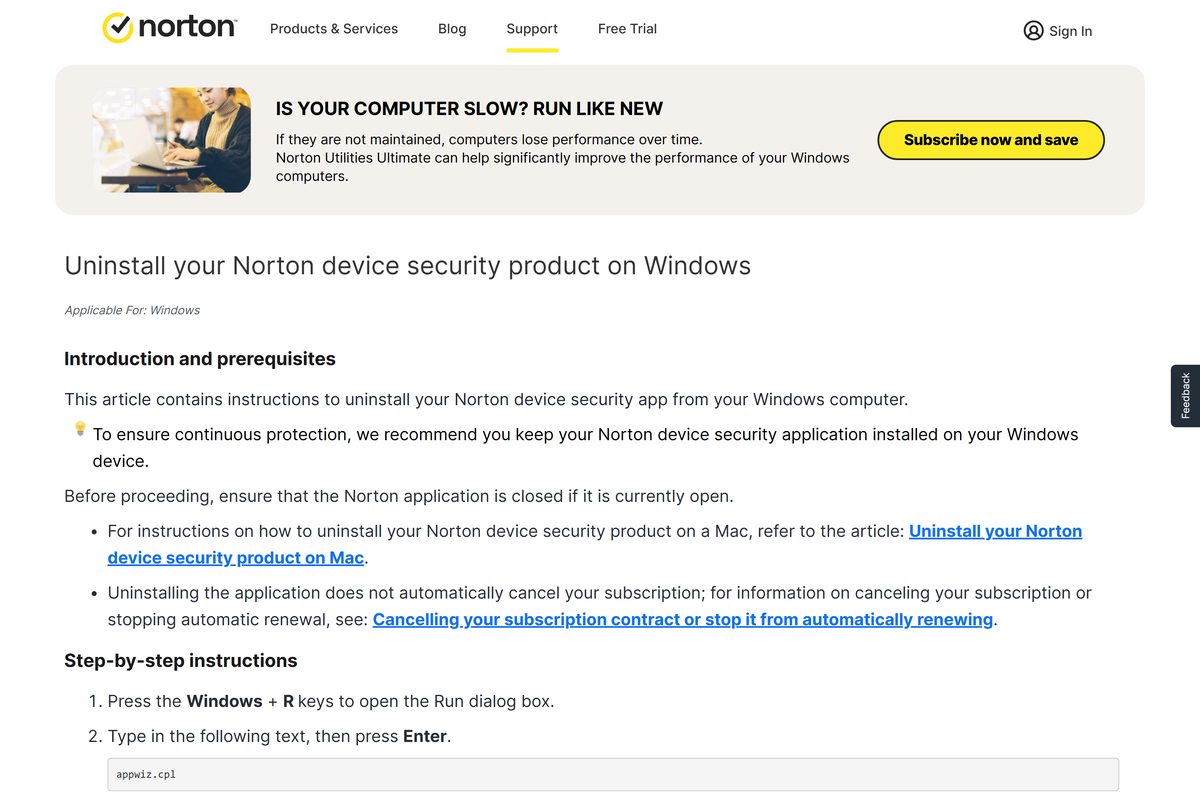 Support page with the appwiz.cpl route for removing Norton on Windows