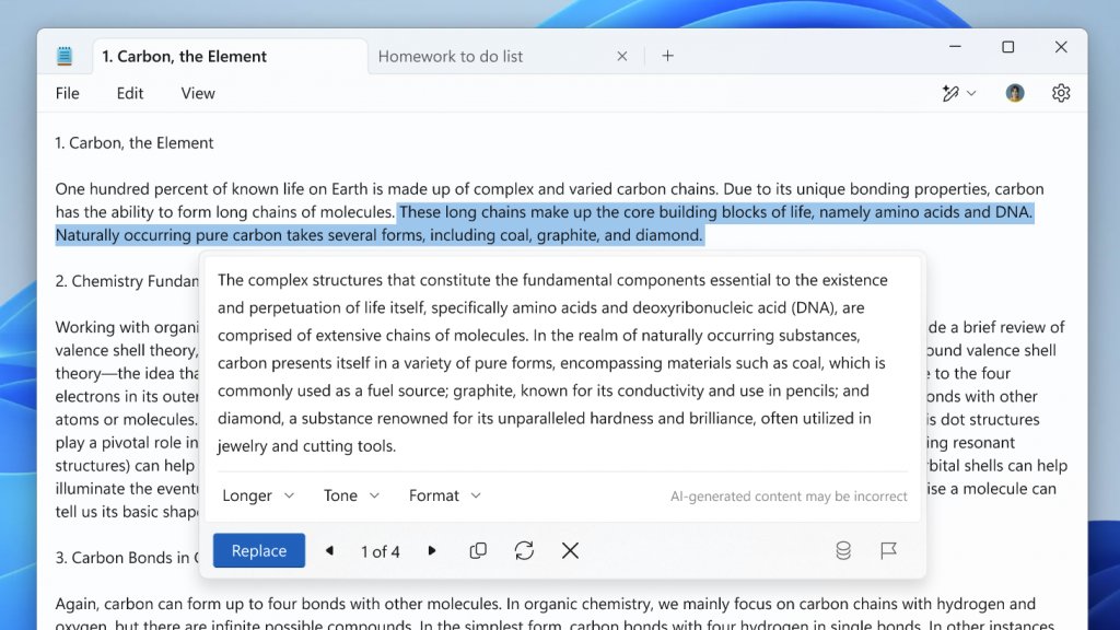 Notepad Rewrite in Windows 11 rewording selected text with tone options