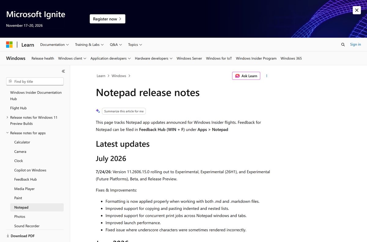 Notepad release notes page with recent version fixes