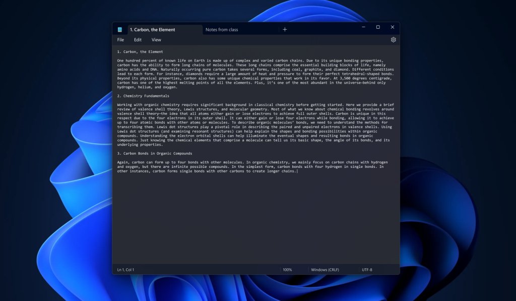 Notepad tabs in Windows 11 with two files open in dark theme