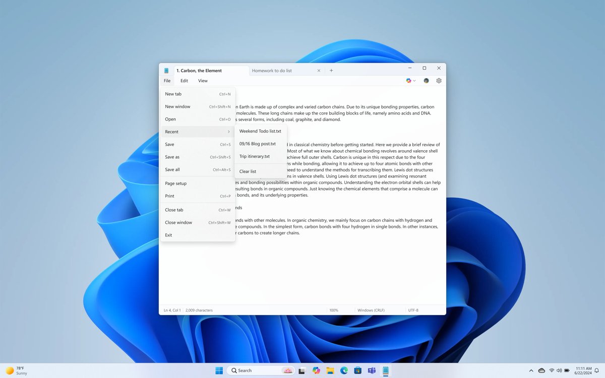 Notepad tips in Windows 11: File menu Recent list of opened files