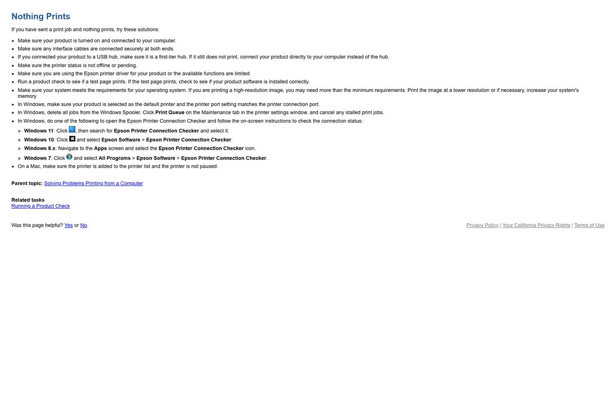 User guide page with fixes for a printer that prints nothing