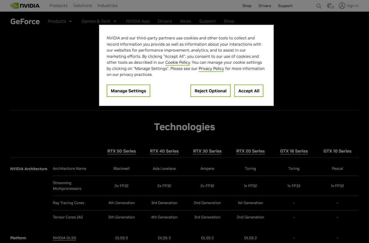 Nvidia comparison table listing GTX 16 Series as Turing, GTX 10 as Pascal