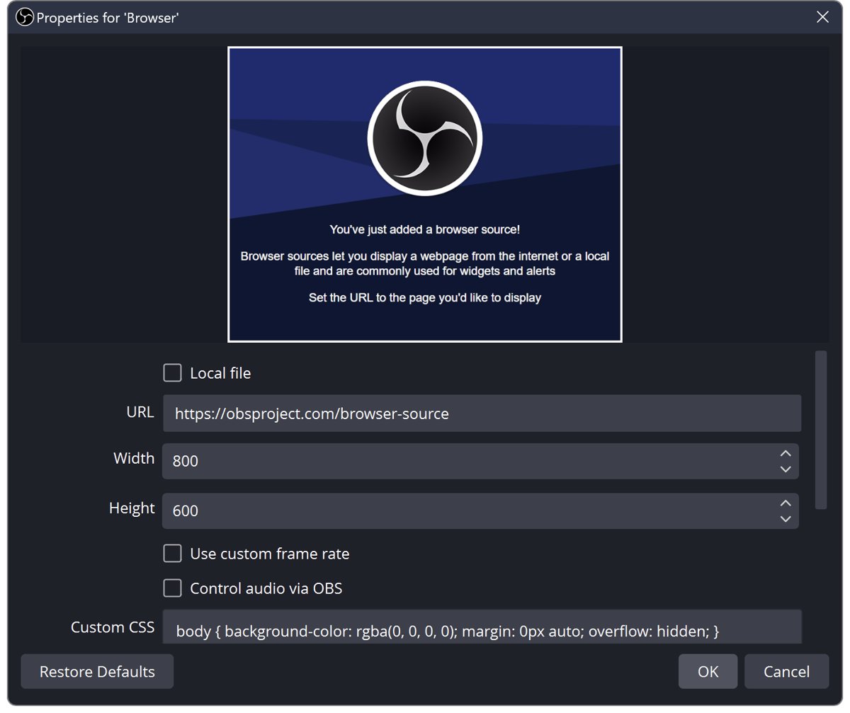 OBS Browser source properties with URL, Width and Height fields