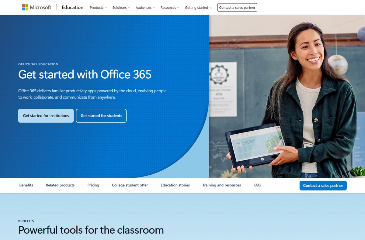 Office 365 Education page with a Get started for students button