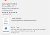 Office Account page showing product information, Update Options and version number