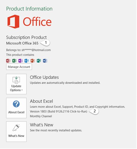 Office Account page showing product information, Update Options and version number