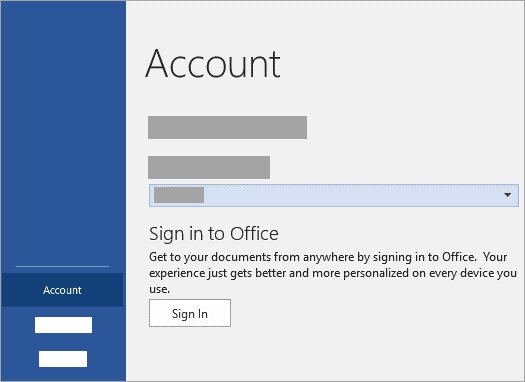 Office app Account page with the Sign in to Office button