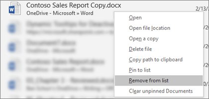 Office recent files right-click menu with Remove from list and Clear unpinned Documents