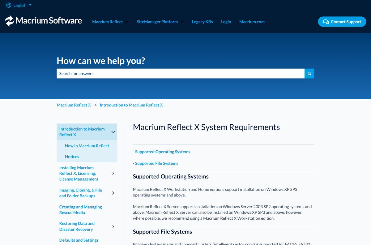 Macrium Reflect X system requirements page listing Windows versions