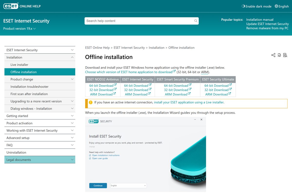 ESET offline installation page listing the 64-bit, 32-bit and ARM files