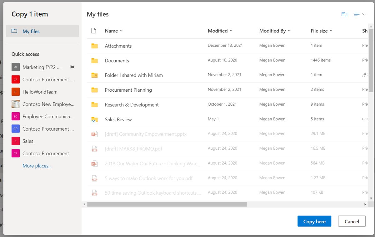 OneDrive Copy 1 item panel listing My files folders with Copy here