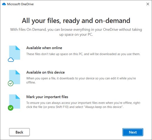 OneDrive Files On-Demand setup screen showing cloud and green check icons