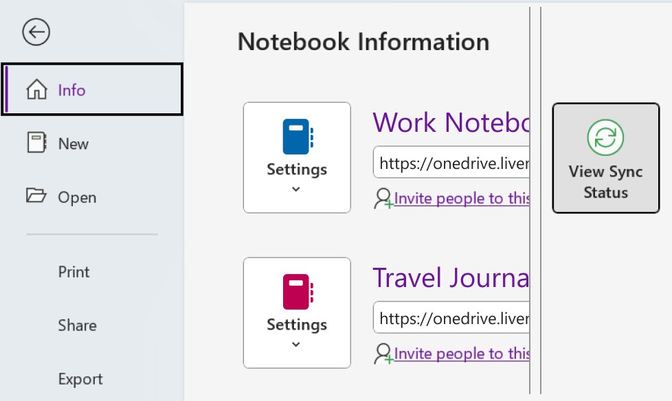 OneNote shared notebook sync: Info page with the View Sync Status button