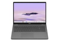 Open Chromebook laptop showing its keyboard, touchpad and ChromeOS desktop