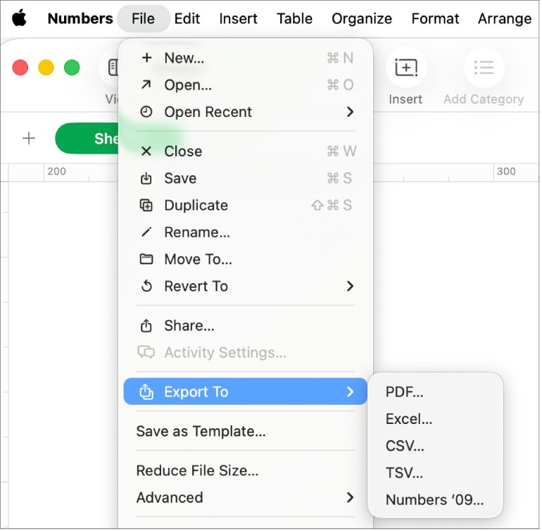 Open Numbers file on Windows by exporting to Excel from the Numbers File menu