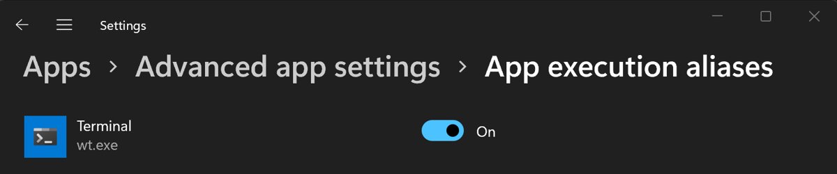 Open Terminal with the wt Run command using the App execution aliases setting