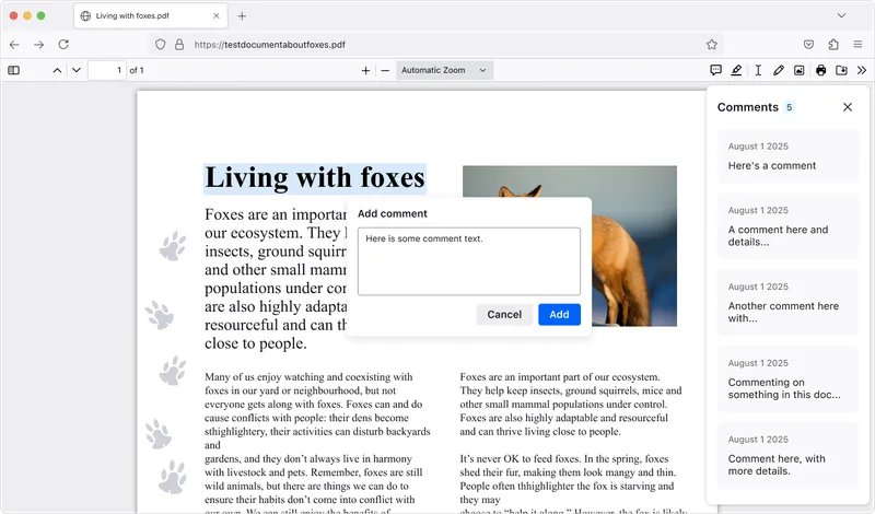 Open source PDF reader in Firefox showing the comments sidebar and Add comment box
