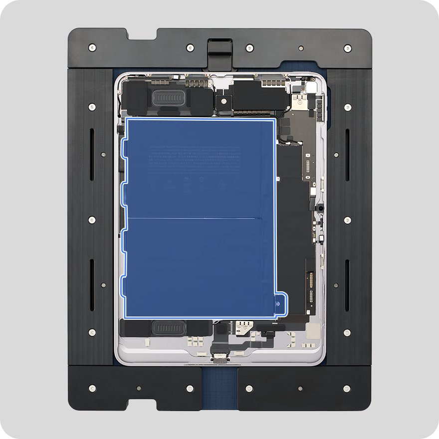Opened iPad Air in a repair tray with the battery highlighted in blue