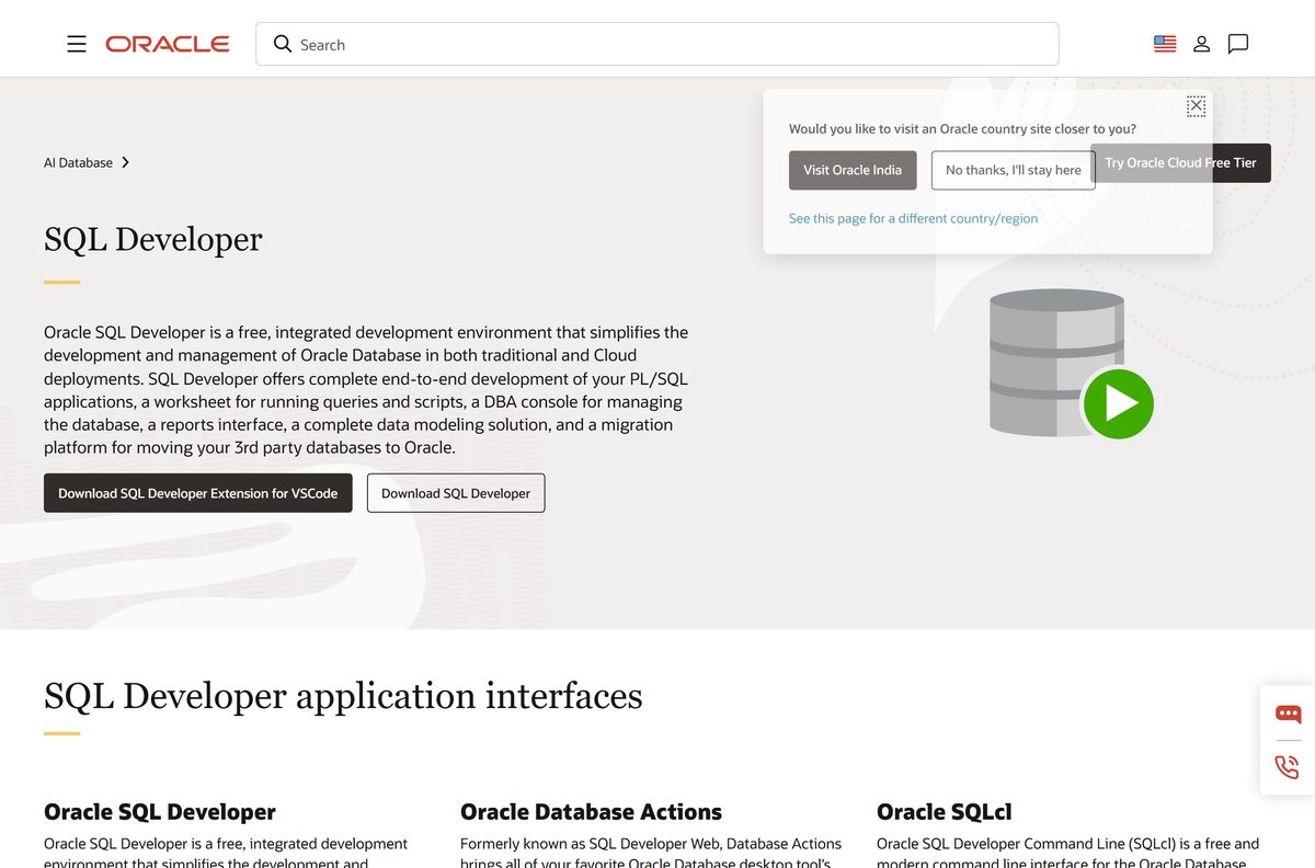 Oracle product page describing SQL Developer as a free IDE