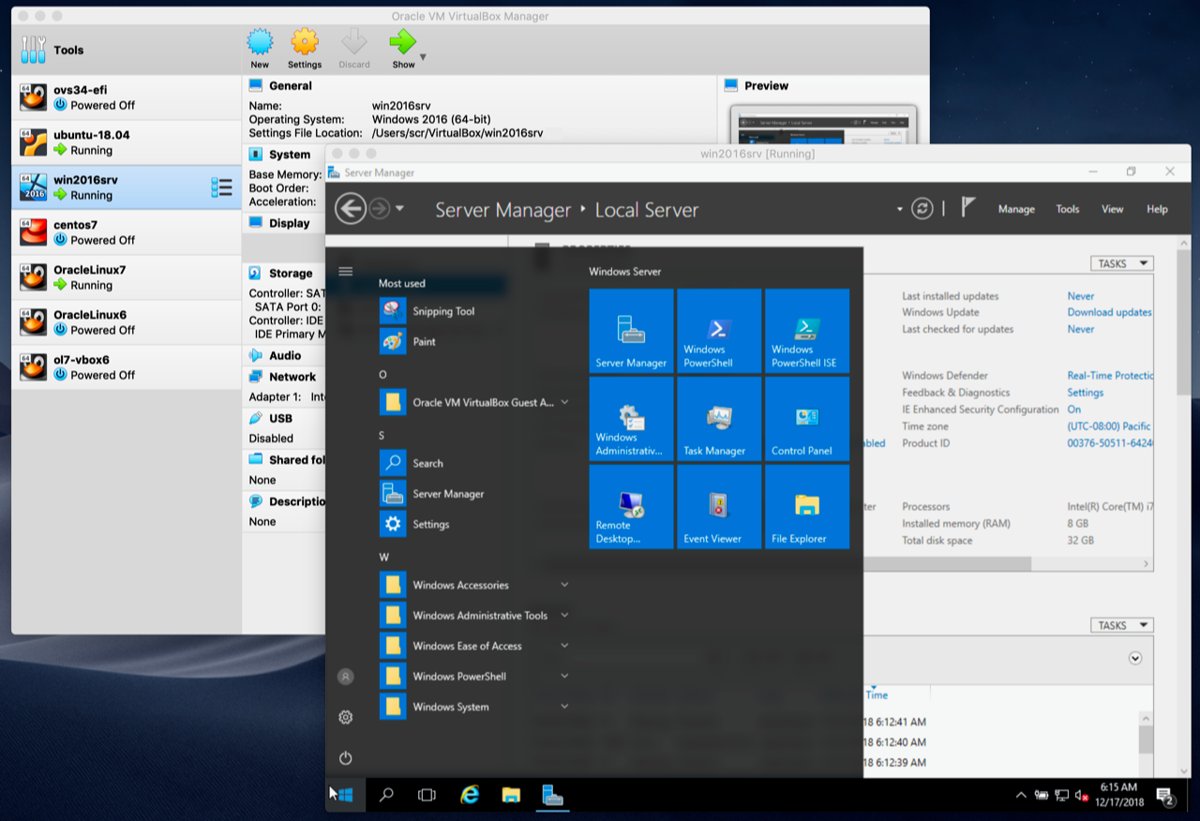 Oracle VirtualBox Manager listing virtual machines with a Windows Server guest running