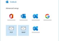 Outlook Advanced setup screen with POP and IMAP account type tiles
