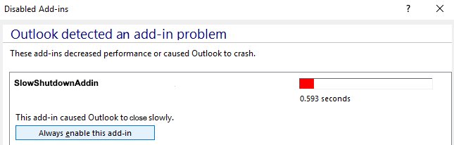 Outlook Disabled Add-ins dialog reporting an add-in problem