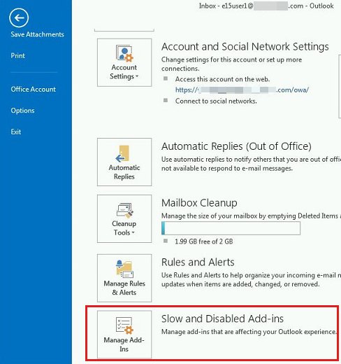 Outlook File tab Info page with the Manage Add-ins button highlighted