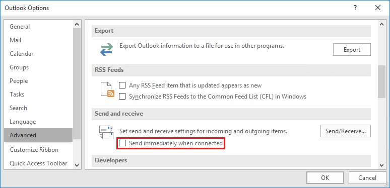Outlook Options Advanced page with Send immediately when connected highlighted