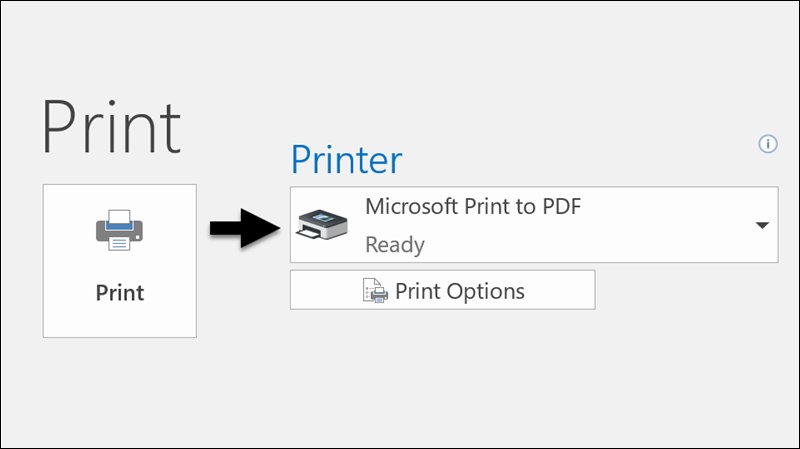 Outlook Print screen with Microsoft Print to PDF chosen as the printer