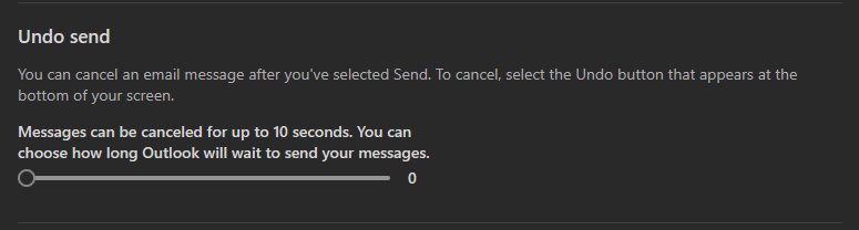 Outlook Undo send setting with a slider that sets the send wait