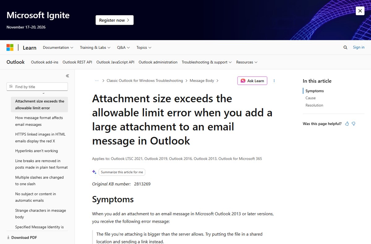 Outlook attachment size limit error documented on Microsoft's troubleshooting page
