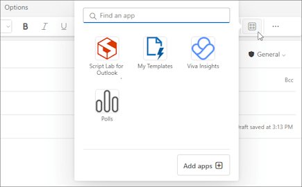 Outlook compose window with the Apps flyout open and a Find an app box