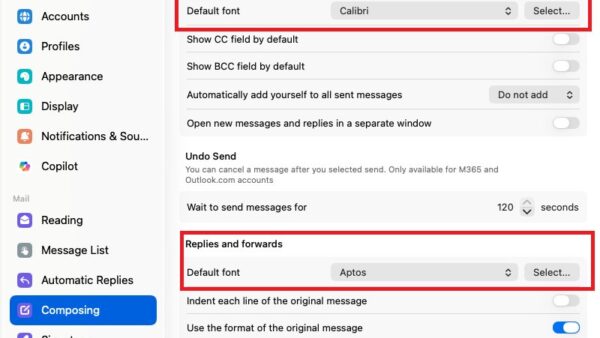 How to change the default font and size in Outlook