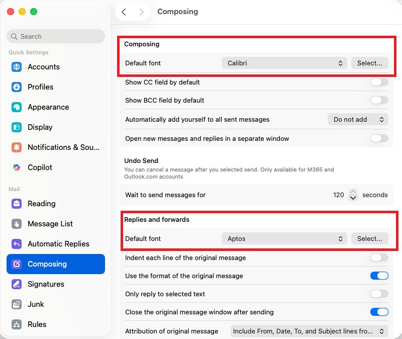 Outlook for Mac Composing settings with default fonts for new mail and replies highlighted