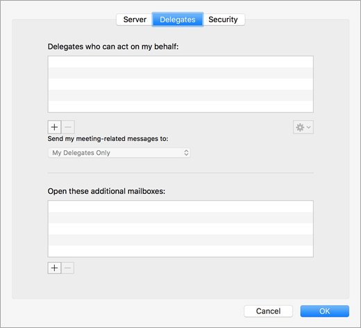 Outlook for Mac account dialog on the Delegates tab with additional mailboxes list