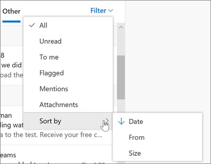 Outlook on the web Filter menu with All, Unread, Flagged and Sort by options