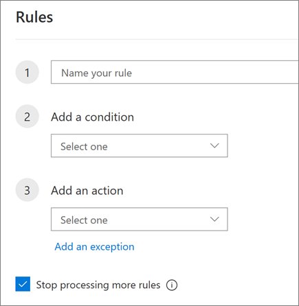 Outlook on the web Rules pane with name, condition and action fields