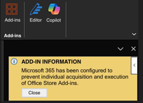 Outlook ribbon and task pane message that Office Store add-ins are blocked