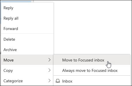 Outlook right-click Move menu with Move to Focused inbox and Always move options