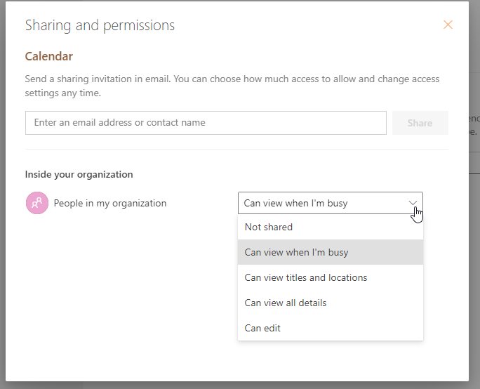 Outlook shared calendar permission levels from Not shared to Can edit
