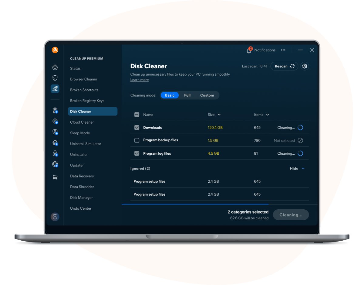PC cleaner Avast Cleanup Premium Disk Cleaner selecting Downloads and log files