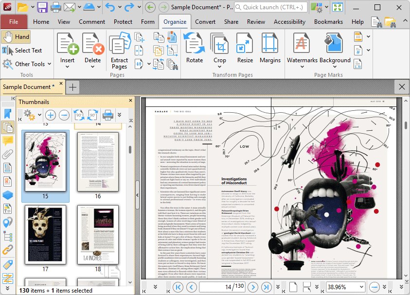 PDF-XChange Editor Organize tab with page insert, delete, extract and rotate tools