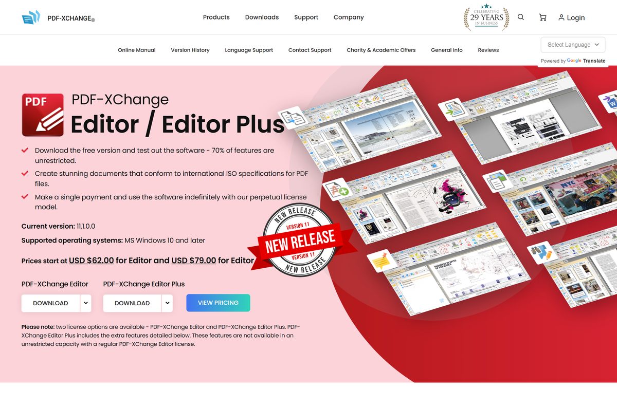 Official PDF-XChange Editor product page with the download button and version