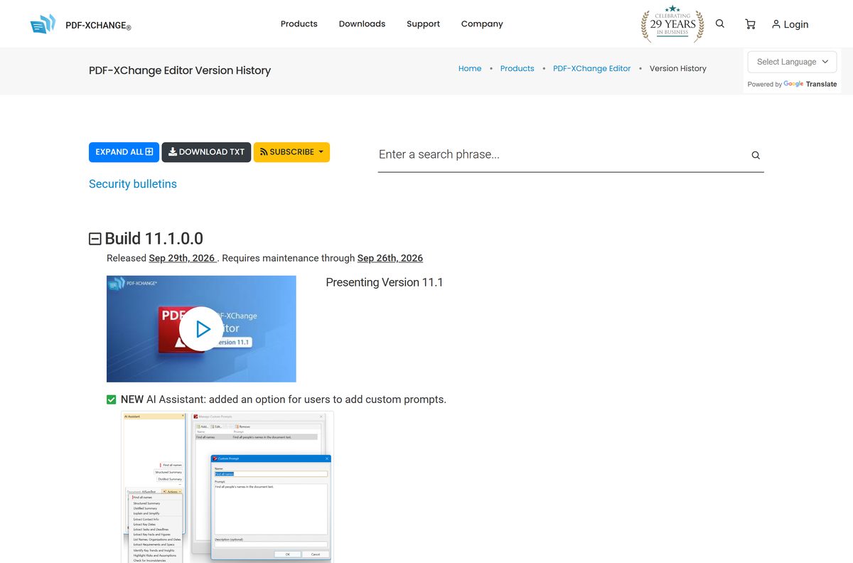 PDF-XChange Editor version history with build numbers and fixes