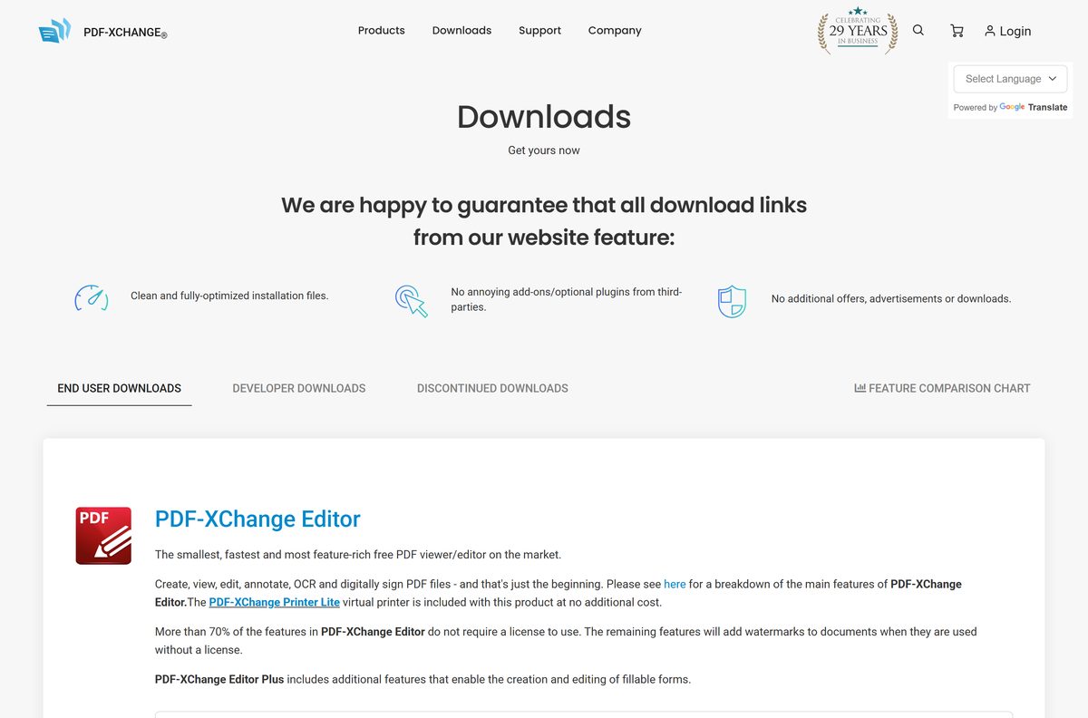 End User Downloads page listing PDF-XChange Editor and its Plus edition