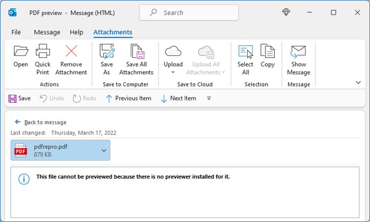 PDF preview handler error in Outlook saying no previewer is installed